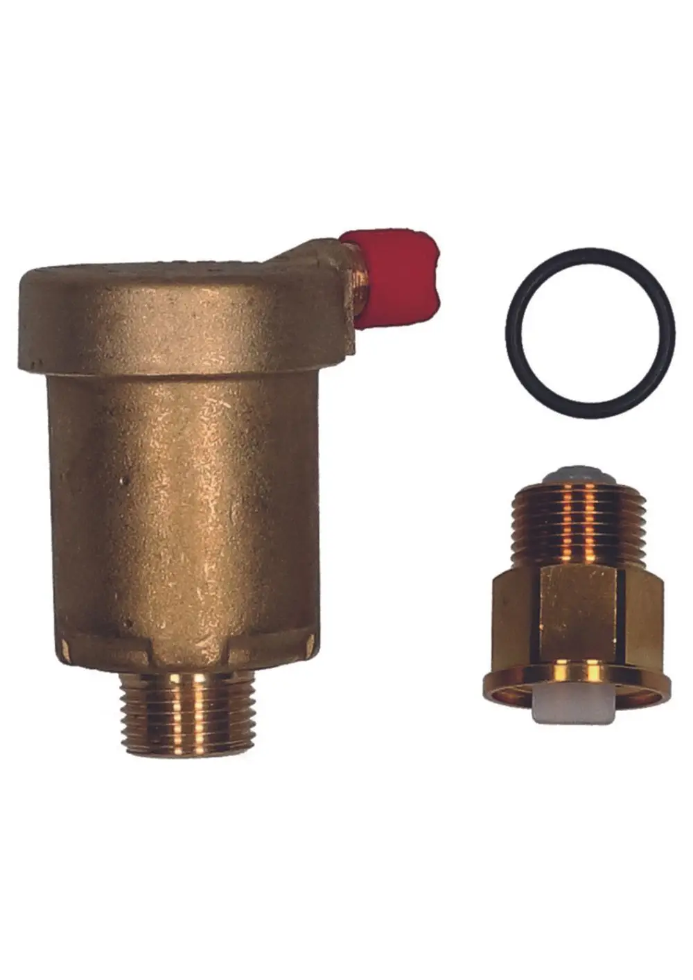 Schnellentlüfter mit Absperrventil, in goldener Metalloptik, mit einem rot markierten Hebel. Zubehör umfasst eine Dichtung und einen weiteren Anschluss. Marke Judo.